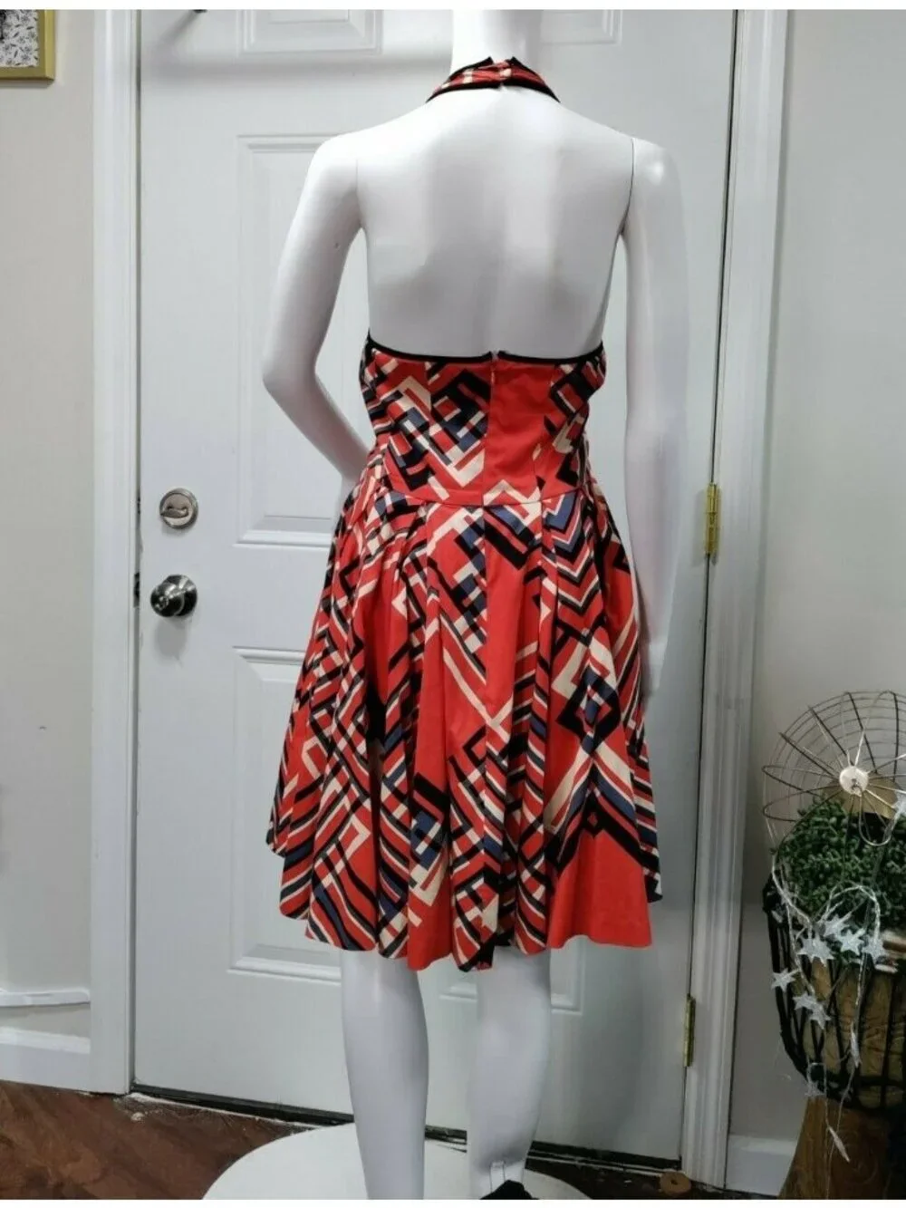 Calvin Klein Womens Fit & Flare with Pockets 8 Red Multi-Color Size M Geometric - Picture 3 of 11
